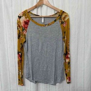 Gray Long Sleeve Top with Floral Sleeves